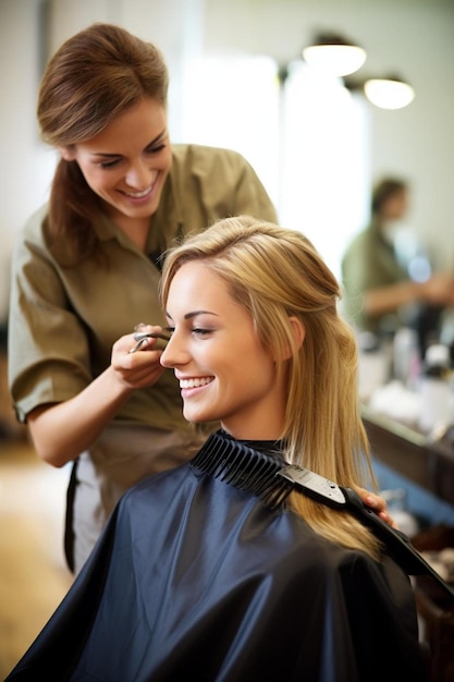 hairdresser combing customer s hair in salon