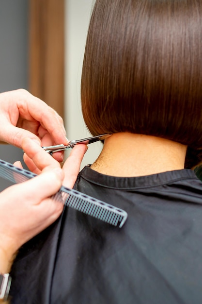 The hairdresser cuts the hair of a brunette woman. Hairstylist is cutting the hair of female client in a professional hair salon, close up.