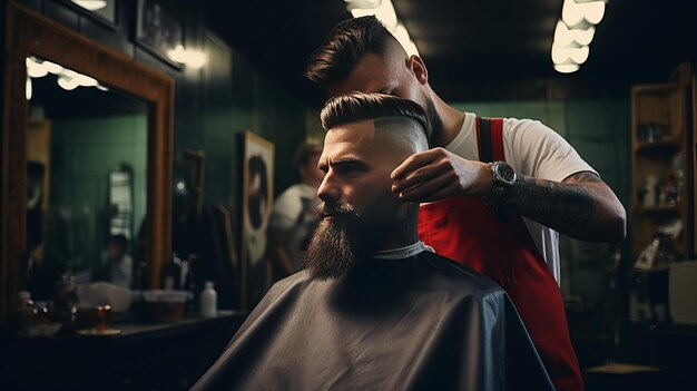 A hairdresser cuts a man's hair with scissors in a barbershop