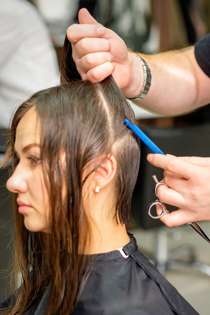 Hairdresser divides female hair into sections with comb holding hair with her hands in hair salon close up.