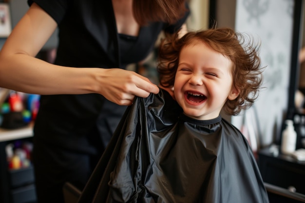 笑う幼い子供にケープを着せているヘアドレッサー