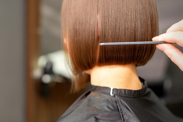 A hairdresser is combing the short hair of the brunette female client in the hairdresser salon back view