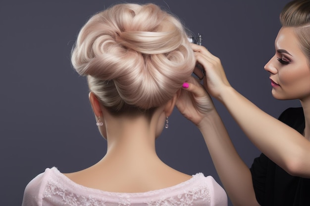 Hairdresser makes complex and beautiful hairstyle upper bun AI generated