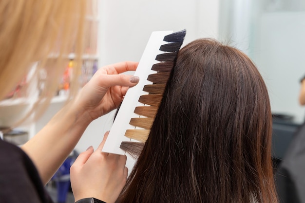 Il parrucchiere seleziona il colore della vernice usando una tavolozza di colori per capelli