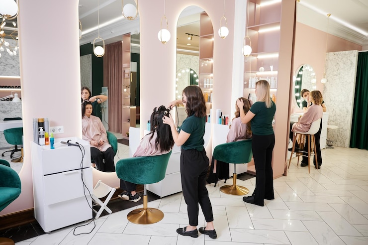 Photo hairdressers and makeup artist working in beauty salon