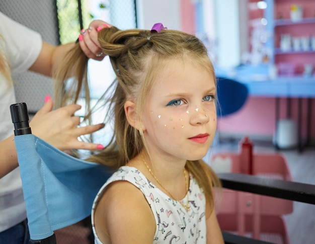 Hairdressing services Reating hairstyle Hair styling process Children hairdressing salon