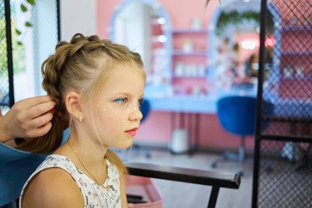 Hairdressing services Reating hairstyle Hair styling process Children hairdressing salon