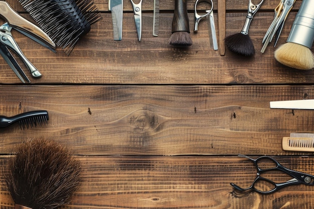 Foto strumenti da parrucchiere su sfondo di legno con spazio di copia in cima