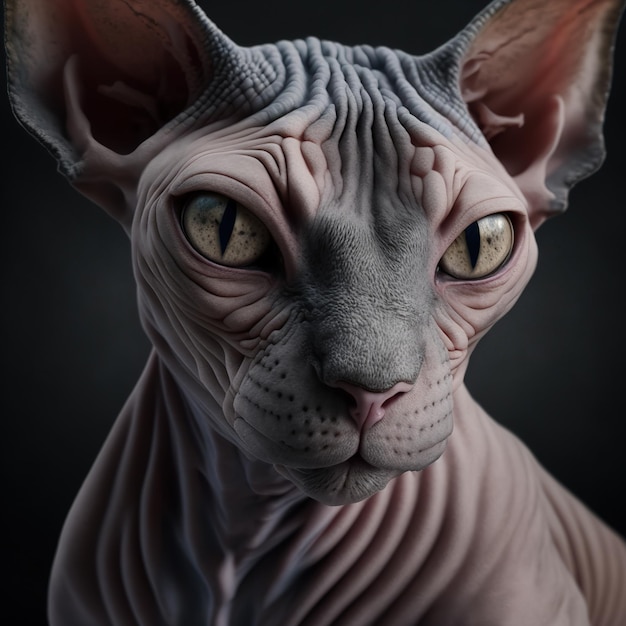 A hairless cat with a gray hairless mane and a black background.