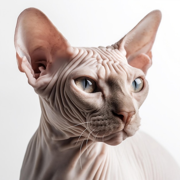 A hairless kitty cat with blue eyes is looking to the side on a white background