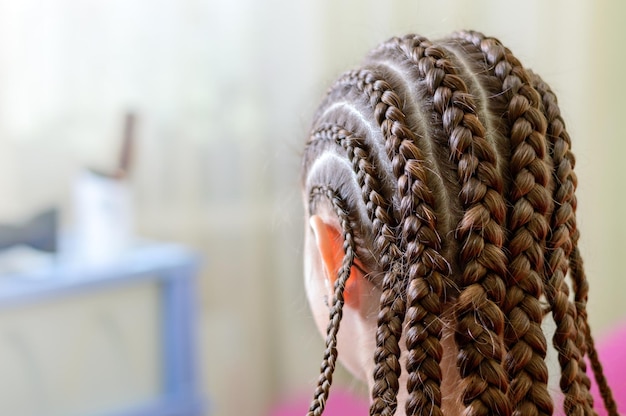 Hairstyle with many small plaited braids Rear view closeup Selective focus