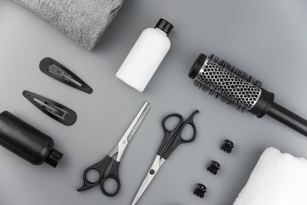 Hairstylist equipment set on gray background