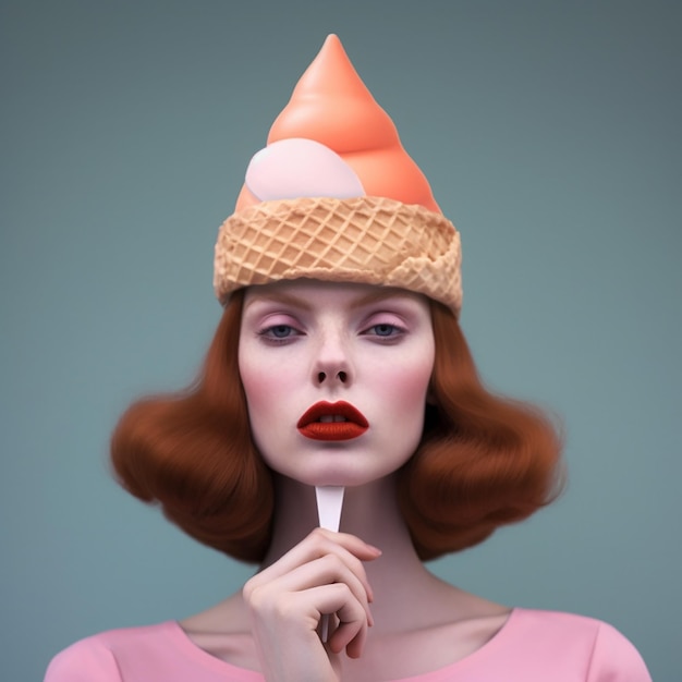 hairy_colour_full_icecream_in_a_cone_lady_holding ice cream 毛毛のあるアイスクリームを握っている女性