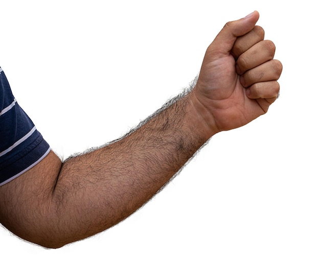 hairy male arm outstretched with closed hand isolated on white background