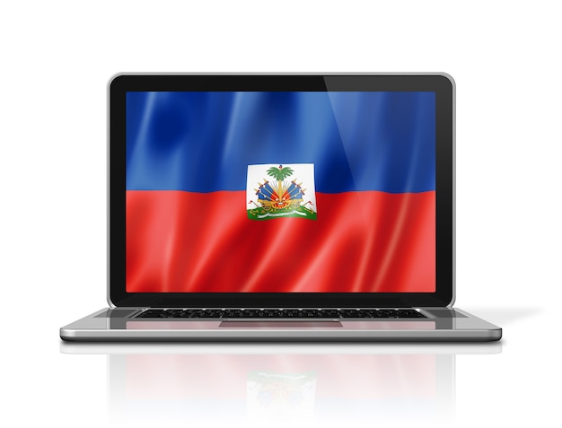 Haiti flag on laptop screen isolated on white. 3D illustration render.