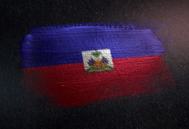 Haiti Flag Made of Metallic Brush Paint on Grunge Dark Wall