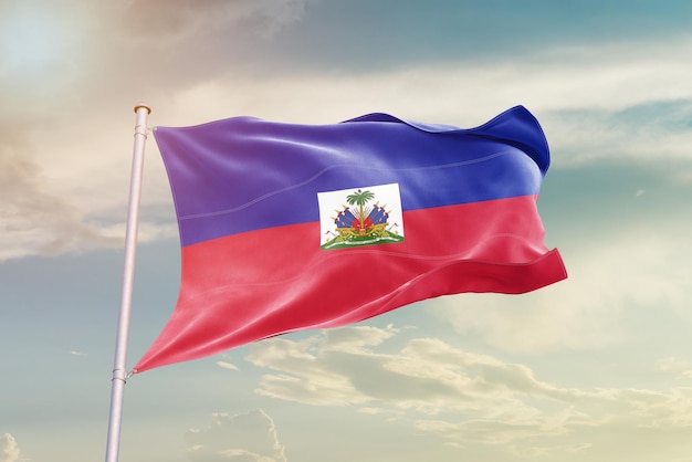 Haiti flag waving in the sky