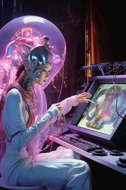 Photo hajime sorayama elf mexican woman psionic technology acrylic monolith being hooked up