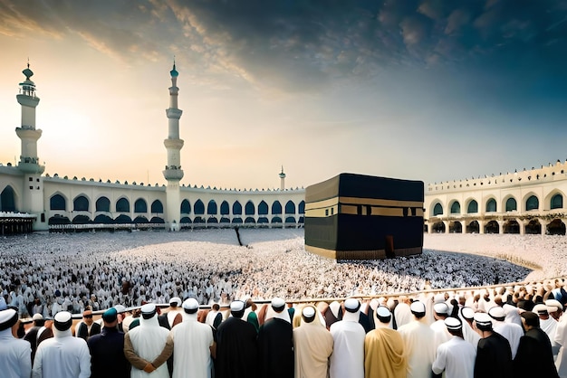 함께 기도하는 전 세계 이슬람 사람들의 군중과 함께 메카의 하지 개념 카바