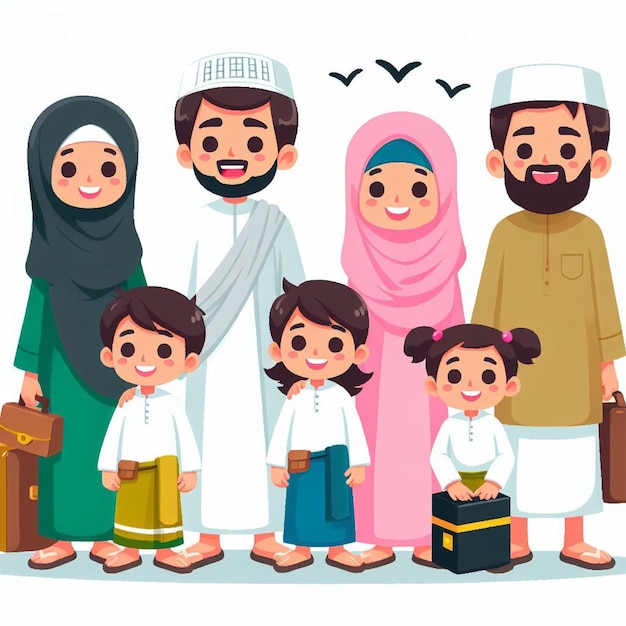 Photo hajj muslim family vacation cartoon illustration