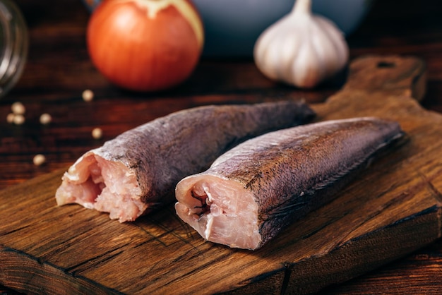 Hake carcasses on cutting board