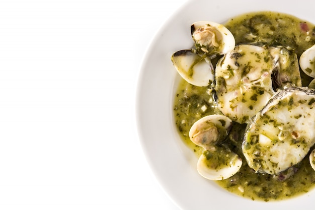 Hake fish and clams with green sauce. Typical spanish recipe.