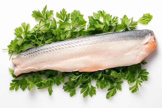 hake fish with parsley leaves closeup isolated on a white background top view