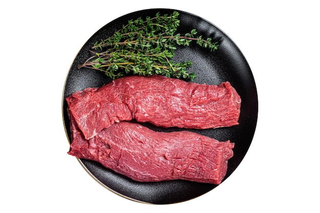 Halal fresh lamb tenderloin meat Mutton sirloin fillet with thyme Isolated on white background