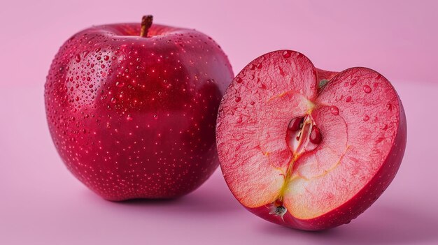 Foto un concetto di mezza mela in rosso e rosa un concetto di idea minimale in rossto e rosa