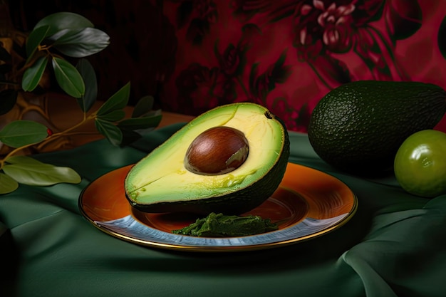 Half an avocado on a plate Surrealism style Generative AI