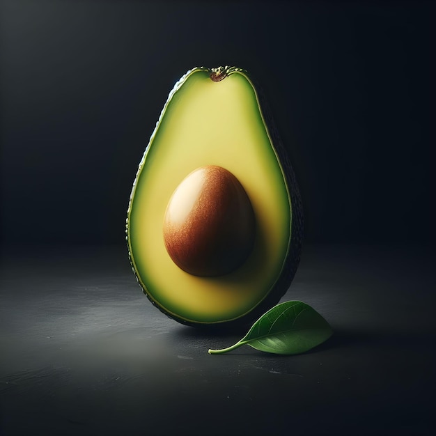 Half avocado with leaf on black surface and dark background