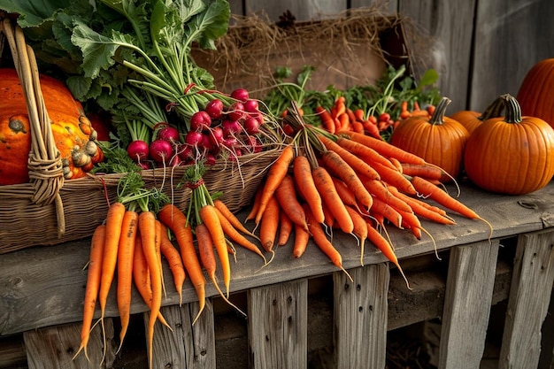 Photo half of a basket with organic carrots and bascket with pumpkins carrots and radishes