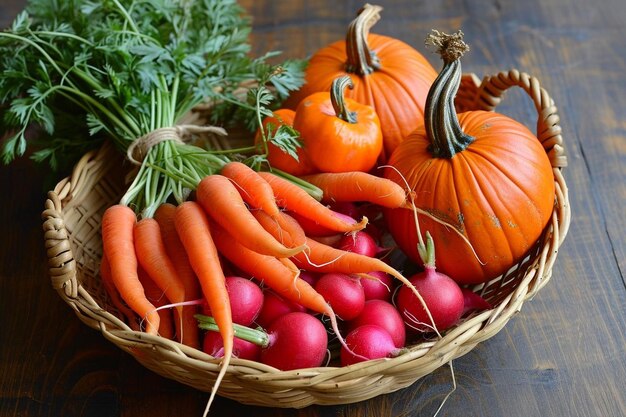 Photo half of a basket with organic carrots and bascket with pumpkins carrots and radishes