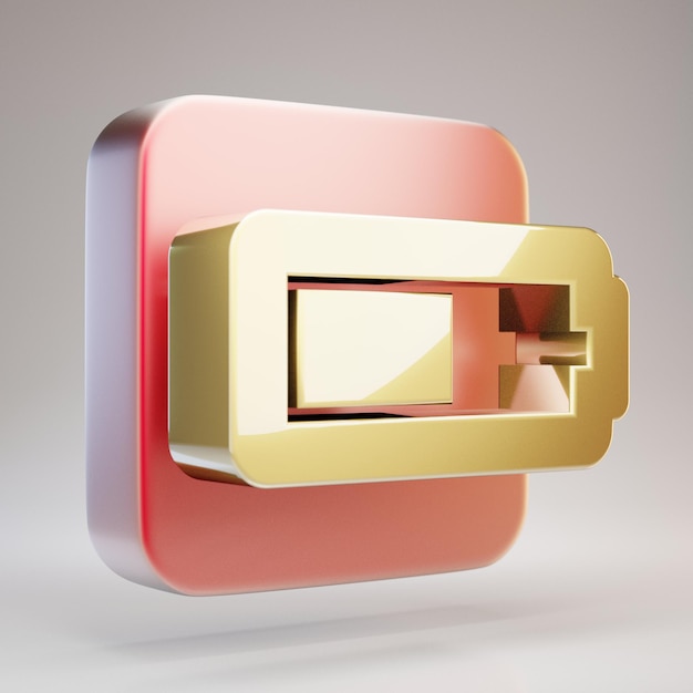 Half Battery icon. Golden Half Battery symbol on red matte gold plate. 3D rendered Social Media Icon.