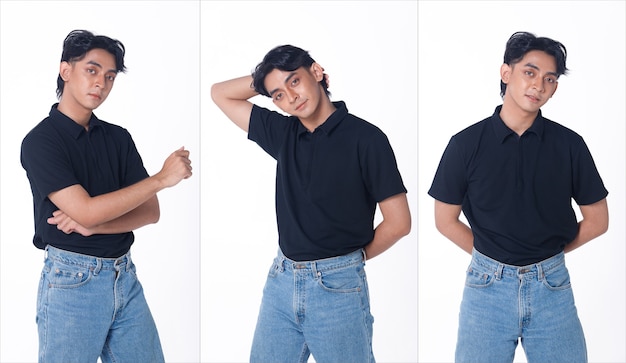 Mezza corpo figura schiocco di 20s asian pelle abbronzata uomo capelli neri camicia, jeans, isolato. i bei supporti maschili pongono molte angolazioni e sorridono felici su sfondo bianco studio