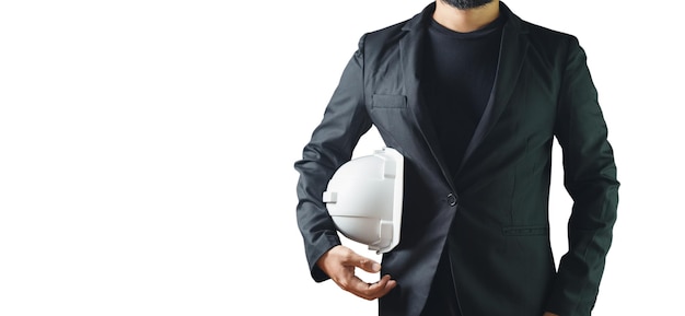 Photo half body man engineer wear black suit holding white hardhat isolated on white background. clipping path.