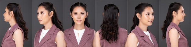 20대 아시아 여성 검은 머리 분홍색 옷의 반신 초상화. 사무실 여성은 고립 된 회색 배경 위에 후면 후면보기를 360도 회전합니다.