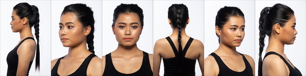 20代のアジア人女性の黒髪の広大なパンツの半身の肖像画。女の子は後ろ側の後ろを360回転します白い背景の上の多くのポーズを表示します