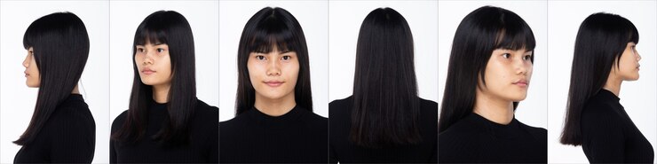 Photo 20대 아시아 여성 흑발의 반신 초상화는 바지를 입는다. 소녀는 흰색 배경 위에 후면 후면보기 주위에 360 회전합니다.