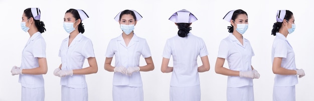 Photo half body portrait of 20s asian woman wear nurse white uniform. female put protective face mask hygiene glove and turn around 360 angle rear back side view over white background isolated