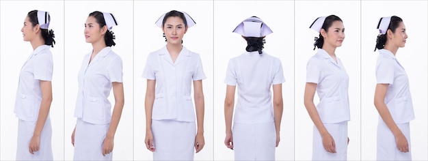 Half Body portrait of 20s Asian Woman wear Nurse White uniform. Female turn around 360 angle rear back side view over white Background isolated