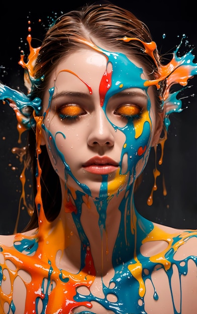 A half body portrait of a woman made of paints half body submerged in paint