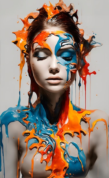 a half body portrait of a woman made of paints half body submerged in paint