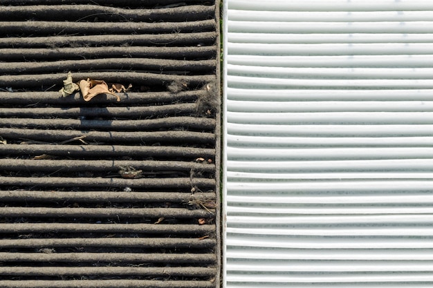 Half by half fragments of dirty and clean air filters