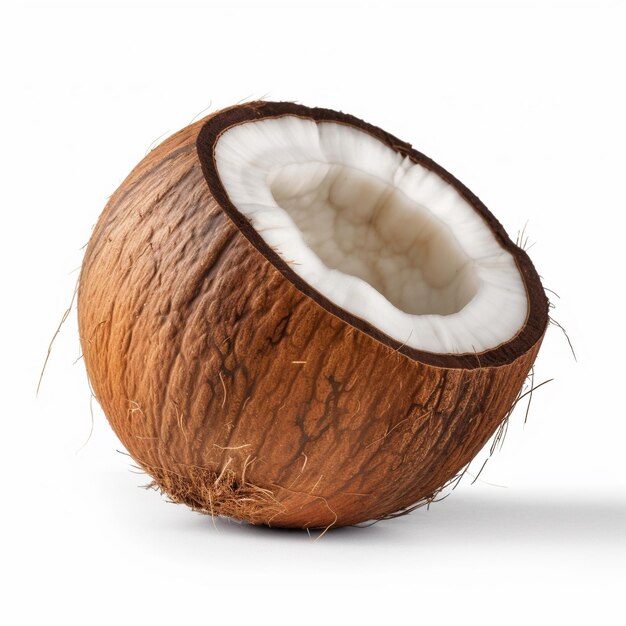 A half of a coconut that has been cut opena white background