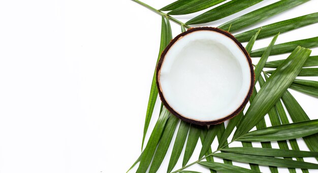 Half coconut on tropical palm leaves. Top view