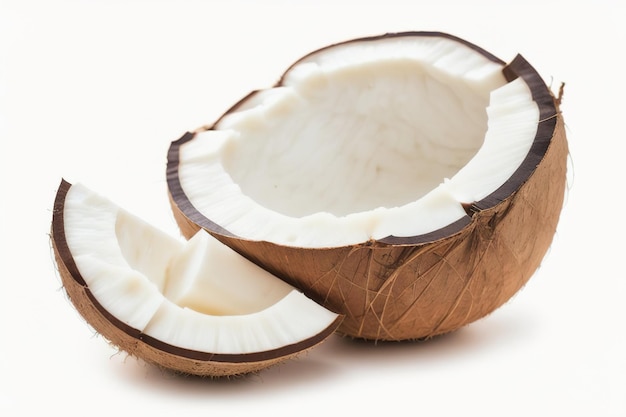 흰색 배경에 고립 된 잎이 있는 코코넛의 절반 Generative AI