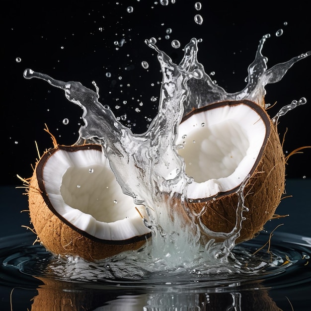 Half cracked coconut in water splash on isolated background