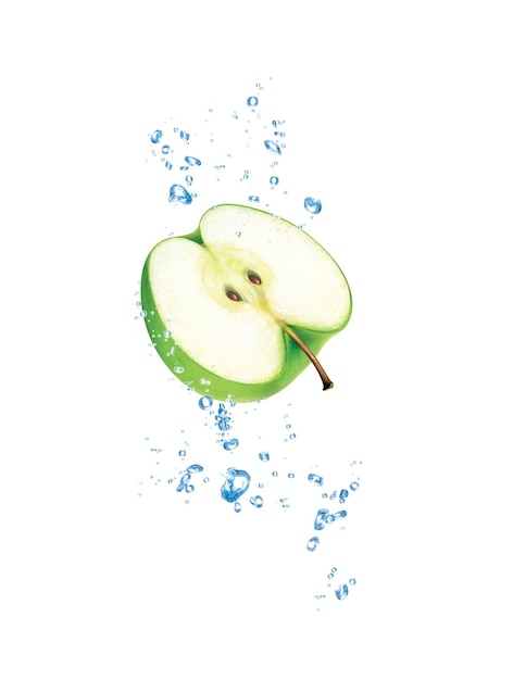 A half cut green apple under water with bubbles