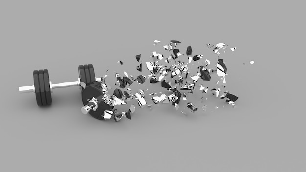Половина разрушенных гантелей с летающими осколками, 3d иллюстрация